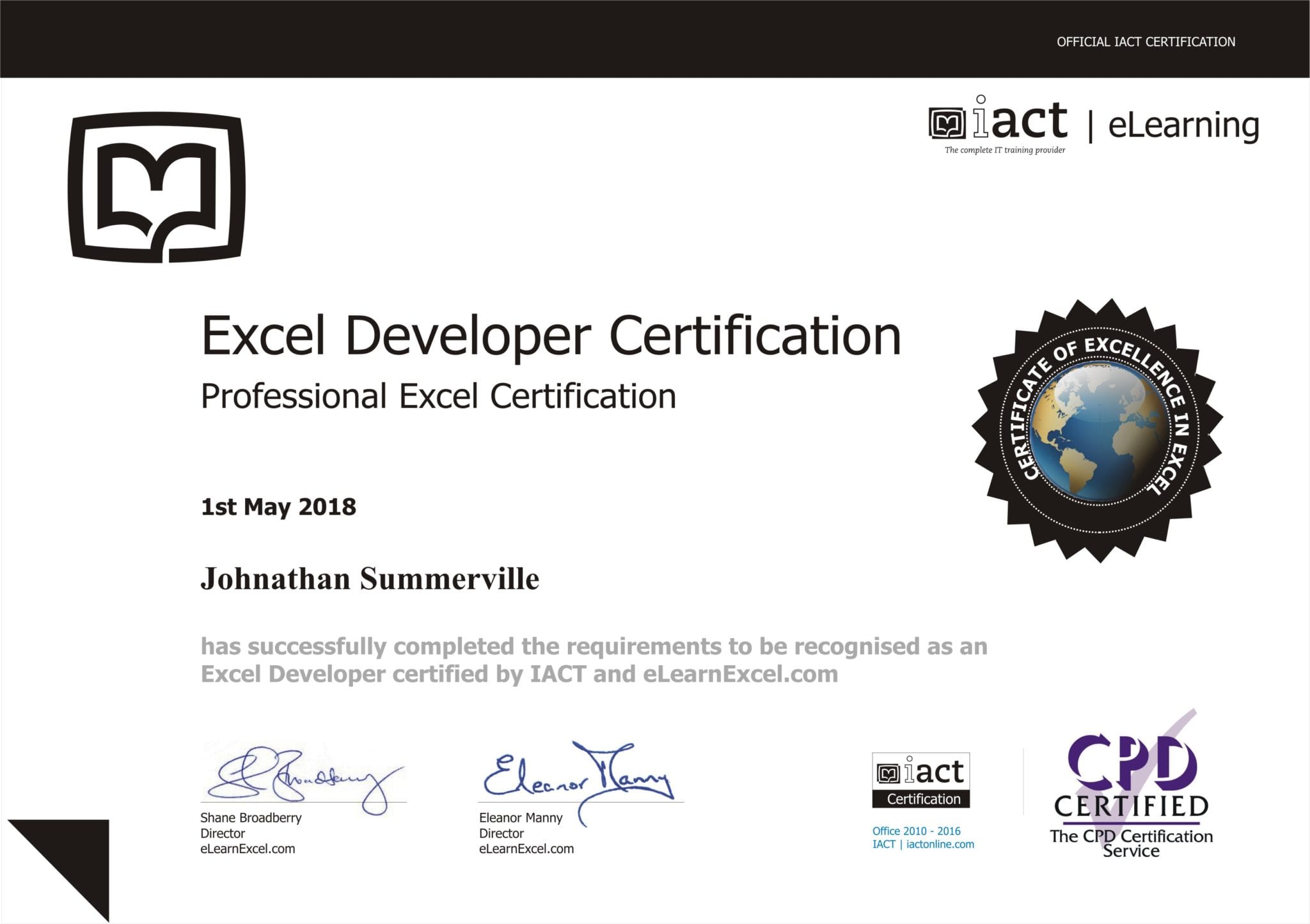 Excel Developer Certification